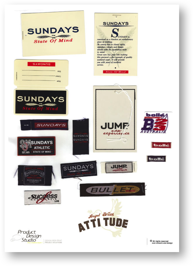 Swing ticket and woven labels designs by Product Design Studio